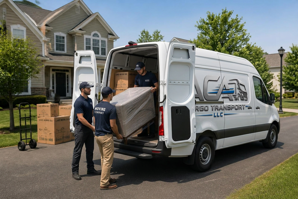 Professional mover loading furniture into a box truck at a home